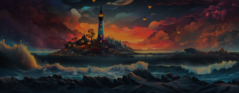 Lighthouse surrounded by floating lights