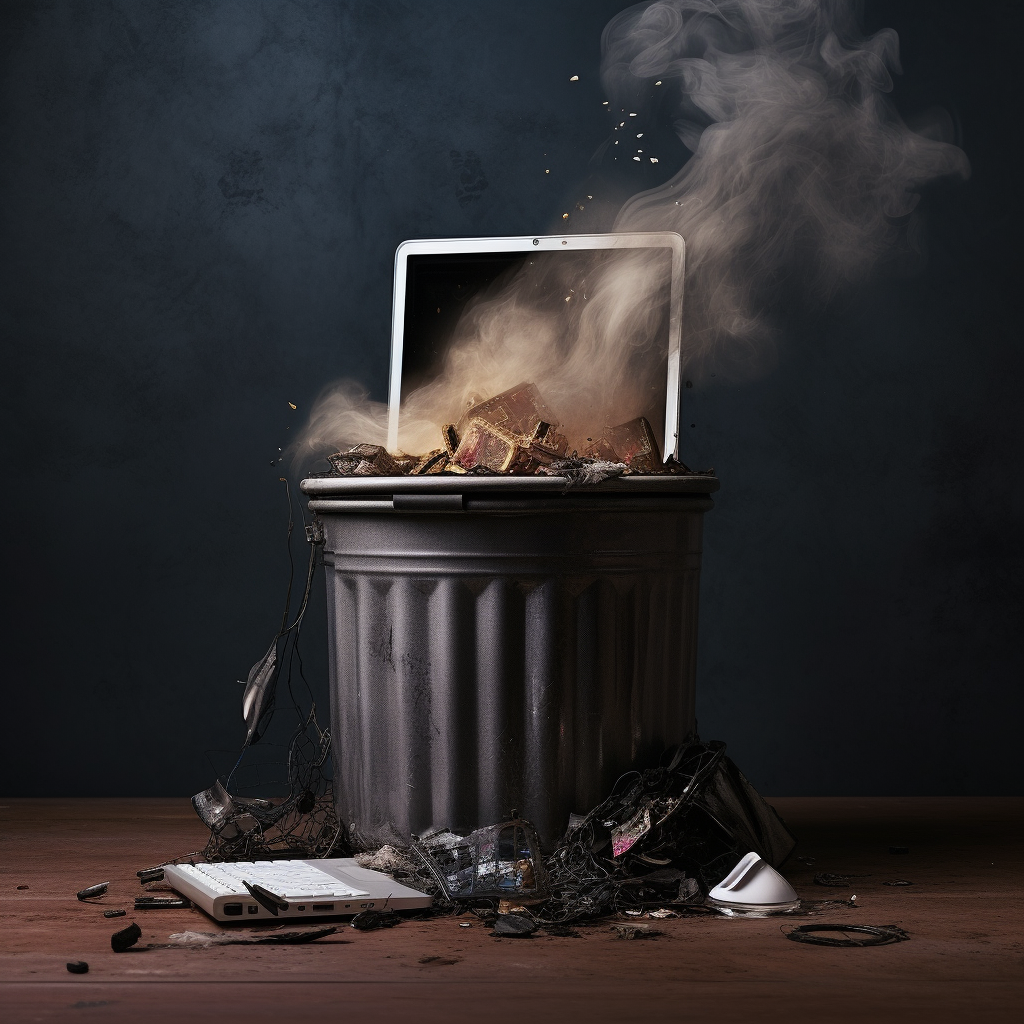 laptop sticking out of trash can