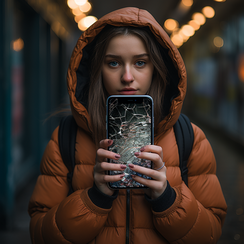 girl holding broken phone