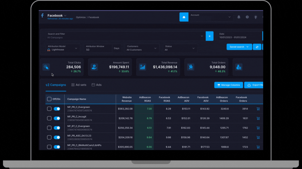 Graphic zooming into the AdBeacon marketing dashboard