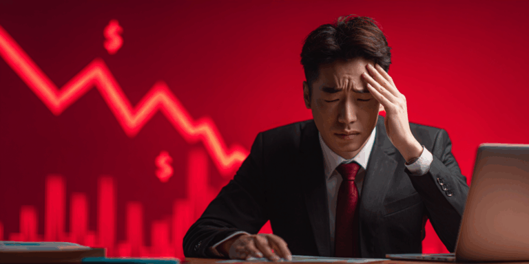Worried man with red background